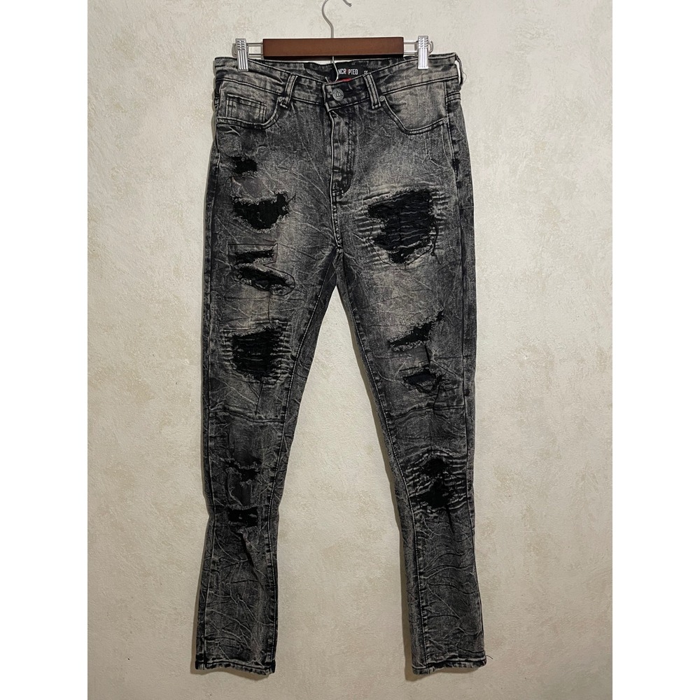 Encrypted Mens Distressed Acid Wash Skinny Jeans Black Grey E921346-Bk Size 32